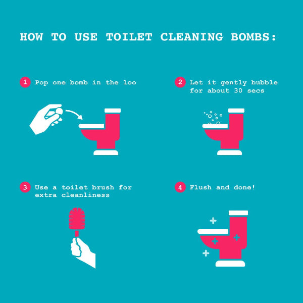 Instructions on how to use toilet cleaning bombs with illustrations and text on a blue background.