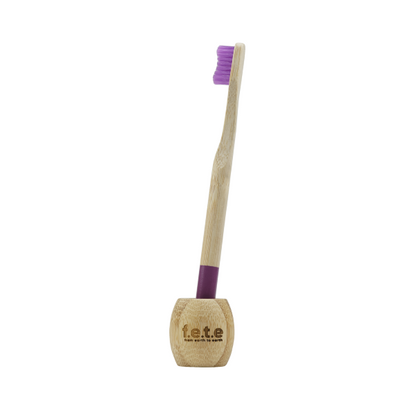 Bamboo toothbrush stand containing bamboo toothbrush on a white background