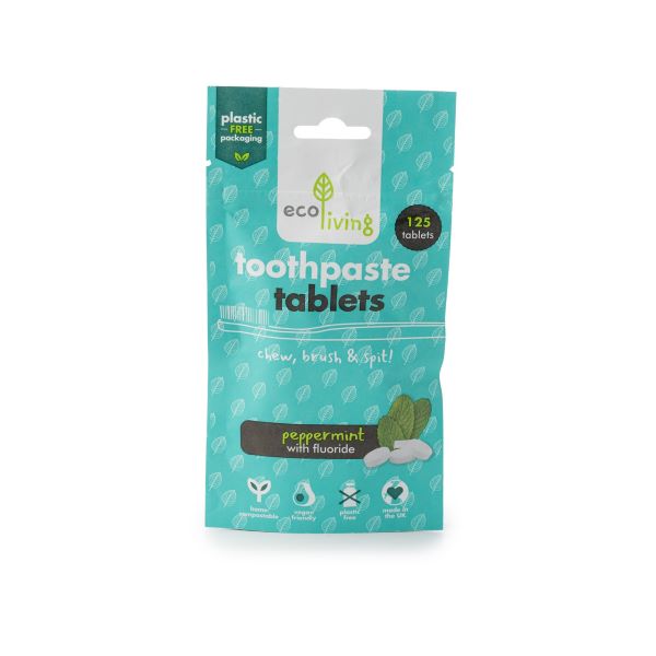 Toothpaste tablets in a pouch, with fluoride