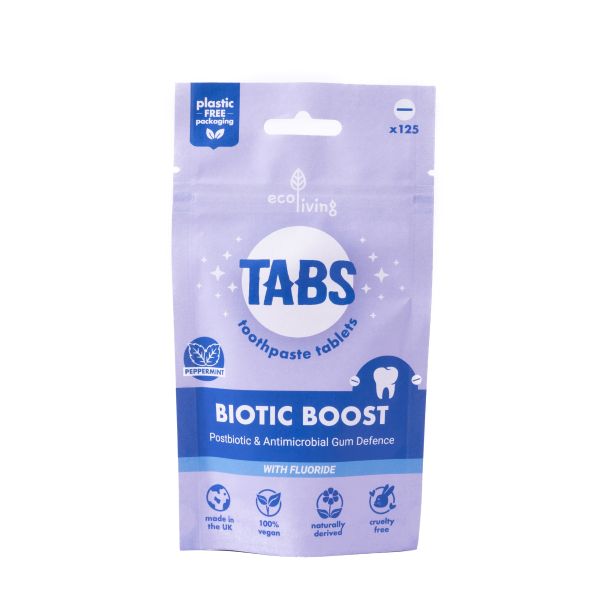 Package of Tabs Biotic Boost toothpaste tablets on a white background in paper packaging