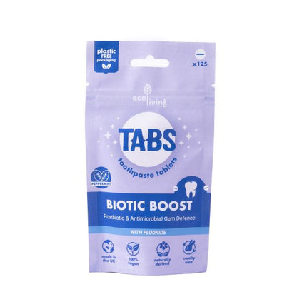 Package of Tabs Biotic Boost toothpaste tablets on a white background in paper packaging