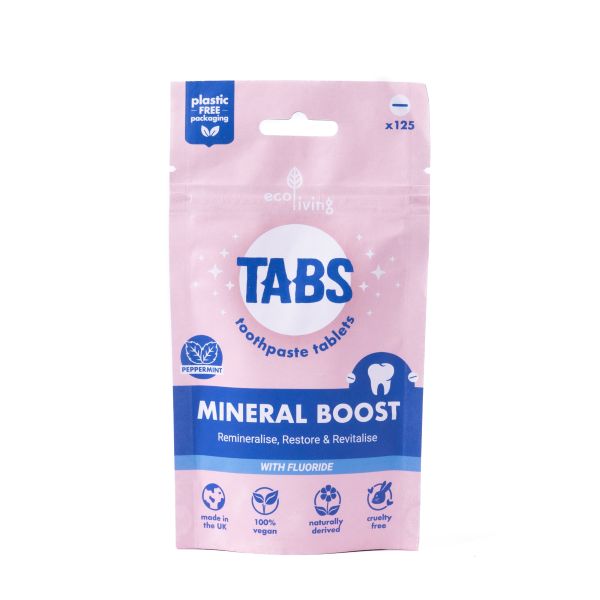 Package of Tabs Mineral Boost toothpaste tablets on a white background in paper packaging