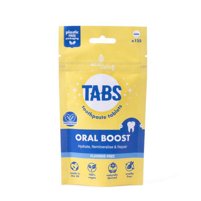 Package of Tabs Oral Boost toothpaste tablets on a white background in paper packaging