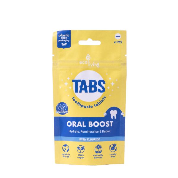 Package of Tabs Oral Boost toothpaste tablets on a white background in paper packaging
