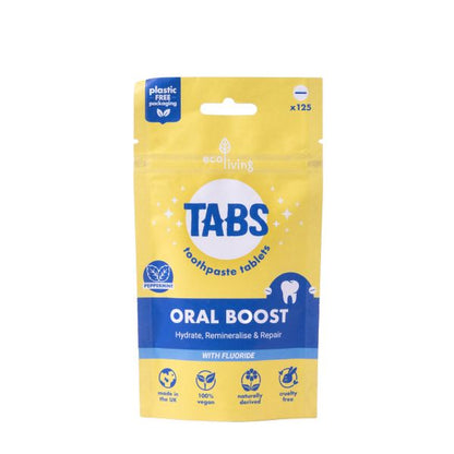 Package of Tabs Oral Boost toothpaste tablets on a white background in paper packaging