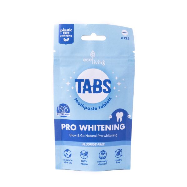 Package of Tabs Pro-whitening Boost toothpaste tablets on a white background in paper packaging