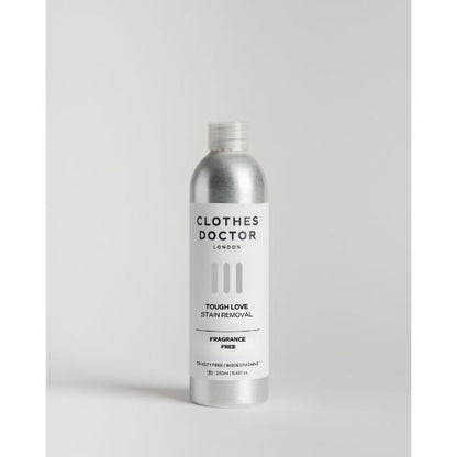Clothes Doctor Tough Love stain removal in aluminium bottle with a grey background