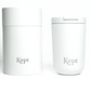 Vacuum travel mug in chalk colour (white) with Kept logo shown alongside cardboard gift box