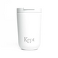 Vacuum travel mug in chalk colour (white) with Kept logo