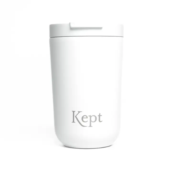 Vacuum travel mug in chalk colour (white) with Kept logo