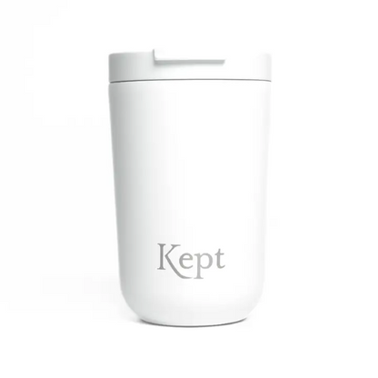 Vacuum travel mug in chalk colour (white) with Kept logo