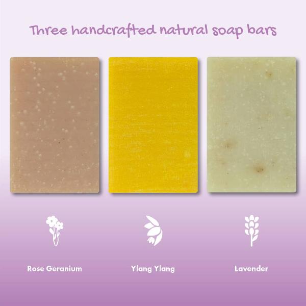 Three rectangular handcrafted natural soap bars displayed side by side on a lavender gradient background, labeled Rose Geranium, Ylang Ylang, and Lavender.