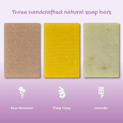 Three rectangular handcrafted natural soap bars displayed side by side on a lavender gradient background, labeled Rose Geranium, Ylang Ylang, and Lavender.