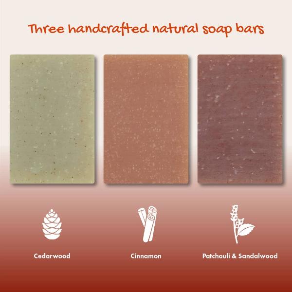 Three handcrafted natural soap bars with labels for Cedarwood, Cinnamon, and Patchouli & Sandalwood on a gradient background.
