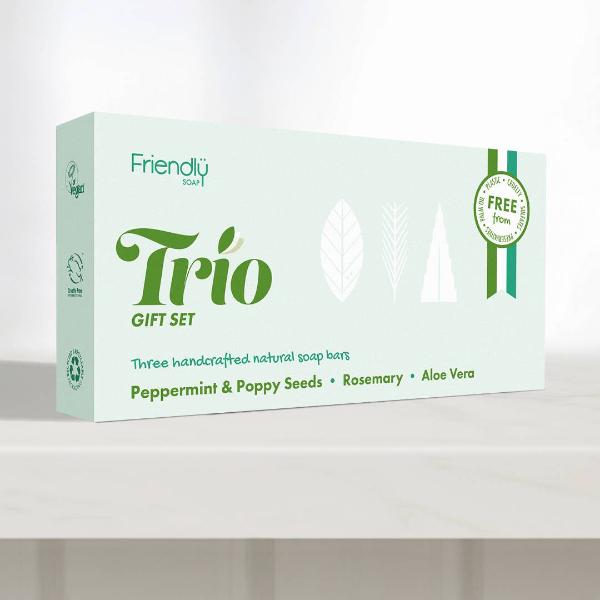 Green 'Friendly Co.' trio gift set packaging on a white background