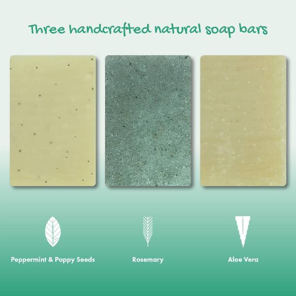 Three handcrafted natural soap bars with labels for Peppermint & Poppy Seeds, Rosemary, and Aloe Vera on a green background.