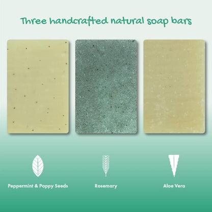 Three handcrafted natural soap bars with labels for Peppermint & Poppy Seeds, Rosemary, and Aloe Vera on a green background.