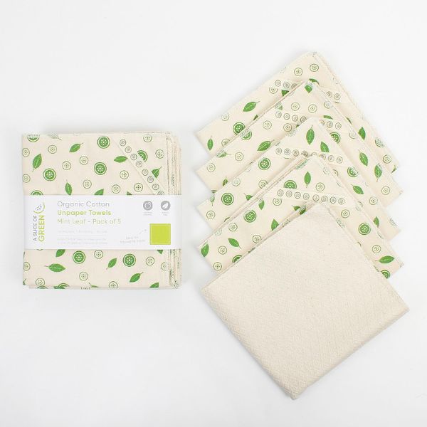 Set of organic cotton paper towels with green mint pattern on a white background shown unwrapped alongside package with paper label