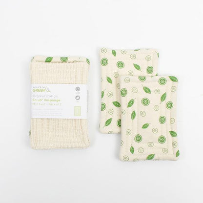 Two sets of two mint kitchen unsponges, shown with smooth side in mint leaf pattern and with the natural coloured scrubby side, and paper label