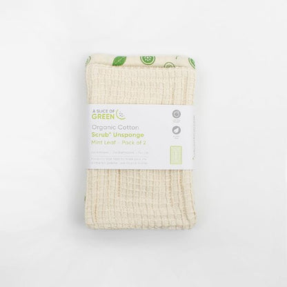 Pack of two mint kitchen unsponges, shown with paper band packaging
