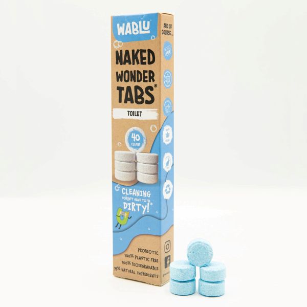 Wablu toilet cleaning tabs shown alongside cardboard packaging