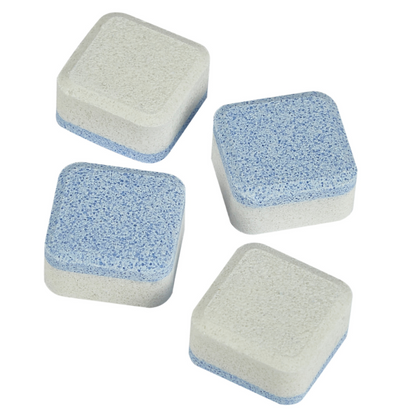 Four square washing machine cleaner tablets on white background