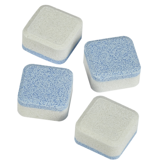 Four square washing machine cleaner tablets on white background