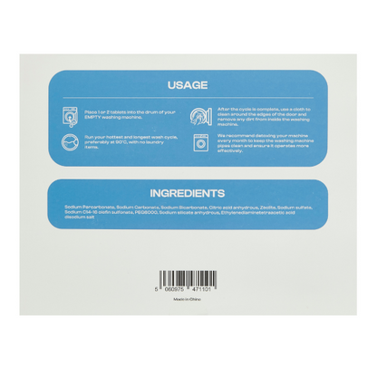 Back label of cardboard packaging of washing machine cleaner tablets on white background with usage and ingredients information 