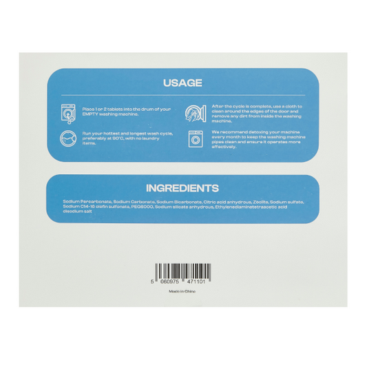 Back label of cardboard packaging of washing machine cleaner tablets on white background with usage and ingredients information 