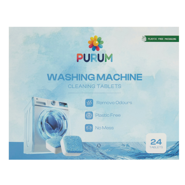 Box of Purum washing machine cleaning tablets in cardboard packaging shown front on with an image of a washing machine and tablets on a blue background, and text reading "Remove odours, plastic free, no mess"