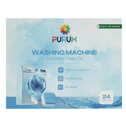 Box of Purum washing machine cleaning tablets in cardboard packaging shown front on with an image of a washing machine and tablets on a blue background, and text reading "Remove odours, plastic free, no mess"