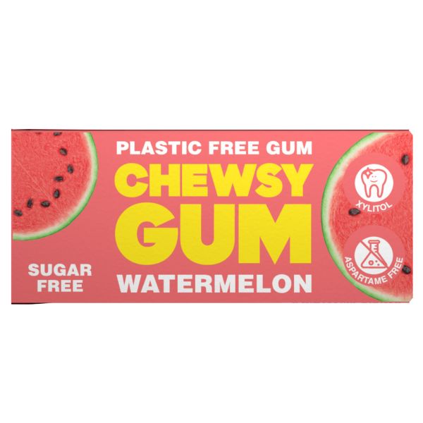 A rectangular box of Chewsy Gum watermelon flavor plastic-free sugar-free chewable gum, featuring a bright pink background with watermelon slices and bold yellow text.