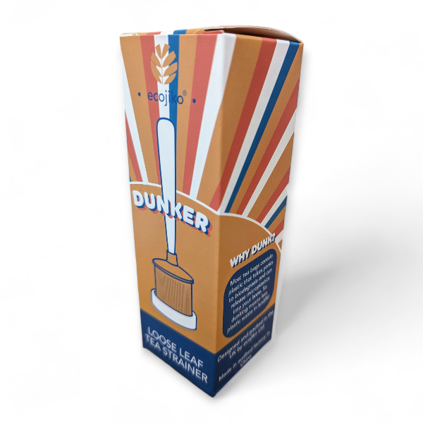 Box of Dunker loose leaf tea strainer in cardboard packaging with colourful design on a white background