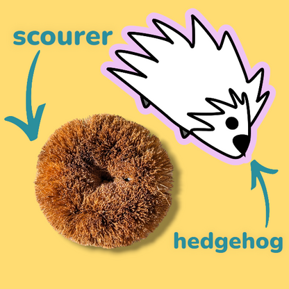 Coconut fibre scouring pad with hedgehog illustration and text on a yellow background