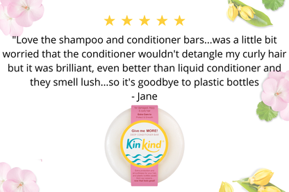 KinKind Give me MORE! deep conditioner bar for damaged, frizzy, curly hair, shown in a natural haircare product image