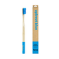 Bamboo toothbrush upbeat blue (blue bristles and tip of brush) shown alongside cardboard box
