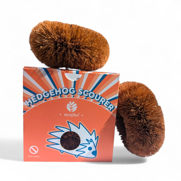 Hedgehog coconut fibre kitchen scourers with cardboard packaging on a white background