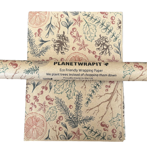 PlanetWrapI recycled kraft wrapping paper in Christmas dried orange (brown background with images of dried oranges, pine cones, foliage)