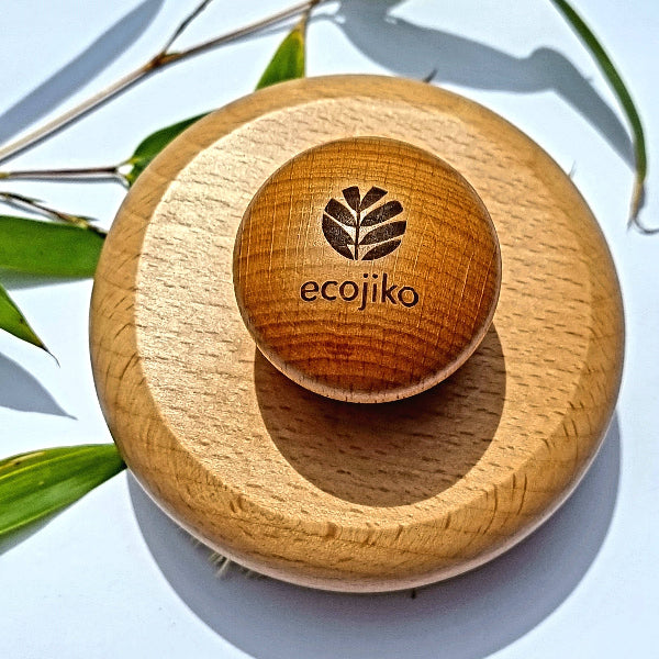 Wooden body brush with 'ecojiko' branding on a light background with leaves.