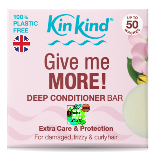 KinKind Give me MORE! deep conditioner bar for damaged, frizzy, curly hair, displayed on a neutral background.