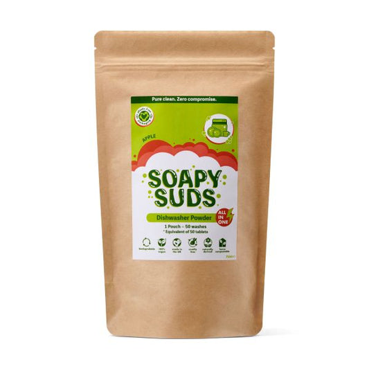 Soapy Suds dishwasher powder in kraft paper recyclable packaging in Apple fragrance