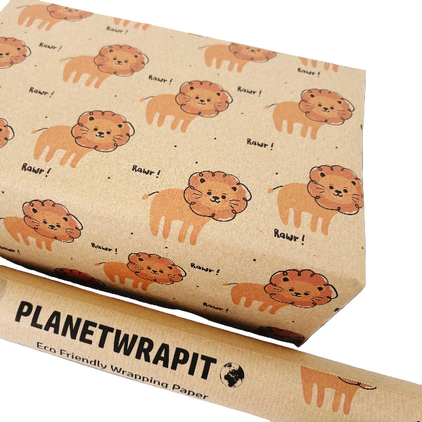 Kraft recycled wrapping paper in Lion design (brown background with orange lions and text reading 'Rawr!')