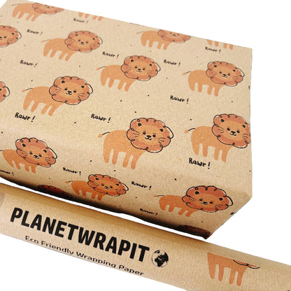 Kraft recycled wrapping paper in Lion design (brown background with orange lions and text reading 'Rawr!')