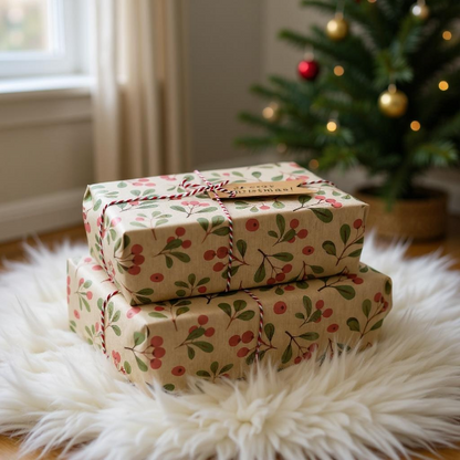PlanetWrapIt recycled kraft wrapping paper in Christmas mistletoe (brown paper with printed red berries and green leaves) with PlanetWrapIt paper label shown on two wrapped [arcels with twine and paper label on a fluffy white rug next to a Christmas tree