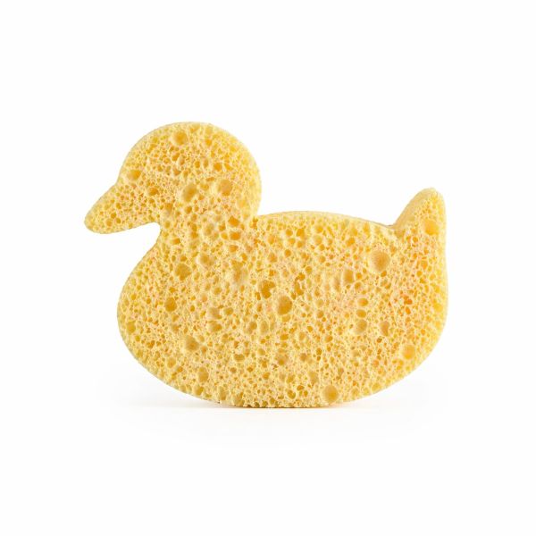 Yellow duck-shaped home compostable sponge on a white background