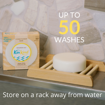 KinKind Give me MORE! deep conditioner bar for damaged, frizzy, curly hair, shown in natural, eco-friendly packaging.