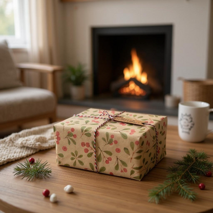 PlanetWrapIt recycled kraft wrapping paper in Christmas mistletoe (brown paper with printed red berries and green leaves) on a wrapped parcel shown on a table with a roaring fire in the background