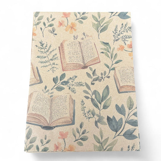 Kraft recycled wrapping paper with books and foliage 