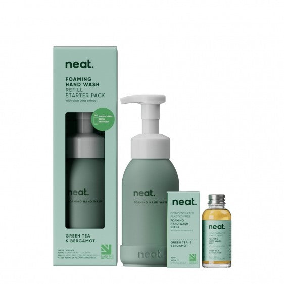 Neat foaming handwash starter kit Green tea and bergamot showing green aluminium bottle and glass bottle refill