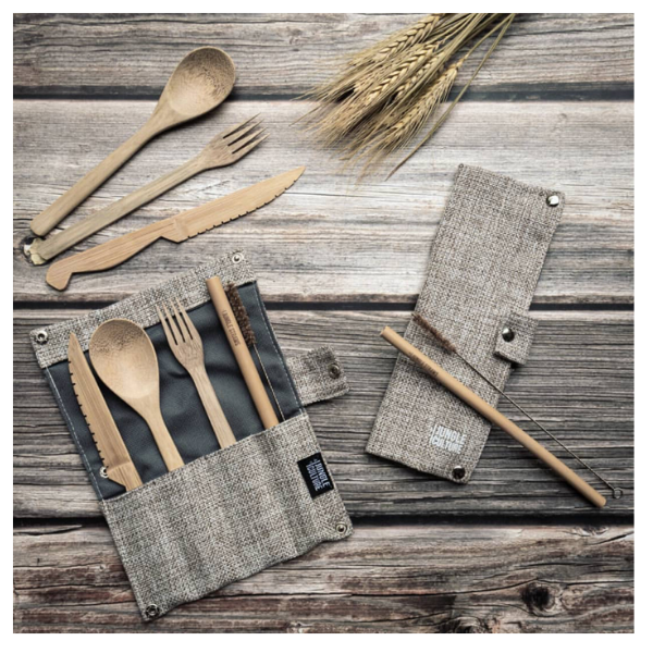 Bamboo cutlery and straw set ash